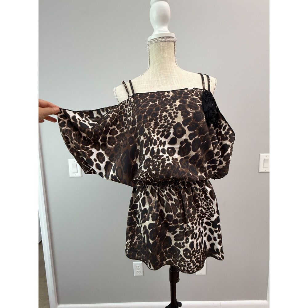 Y2K Pop Star Leopard Print Cold Shoulder Top Medium Y2K Rosette Flutter Sleeve
